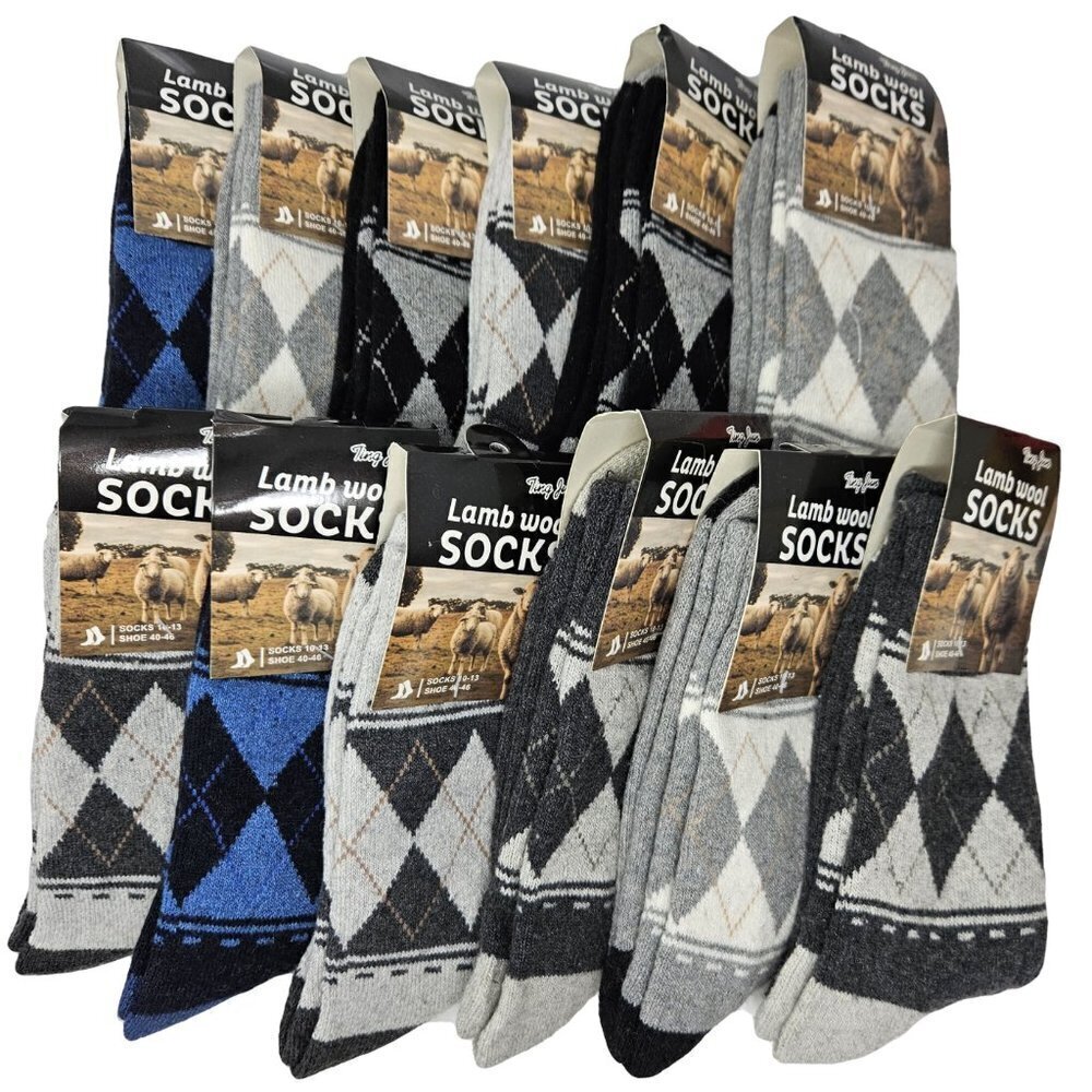 Men Wool Socks Lamb Wool Warm Winter Crew Socks Argyle Print 10-13 12-PACK, NWT